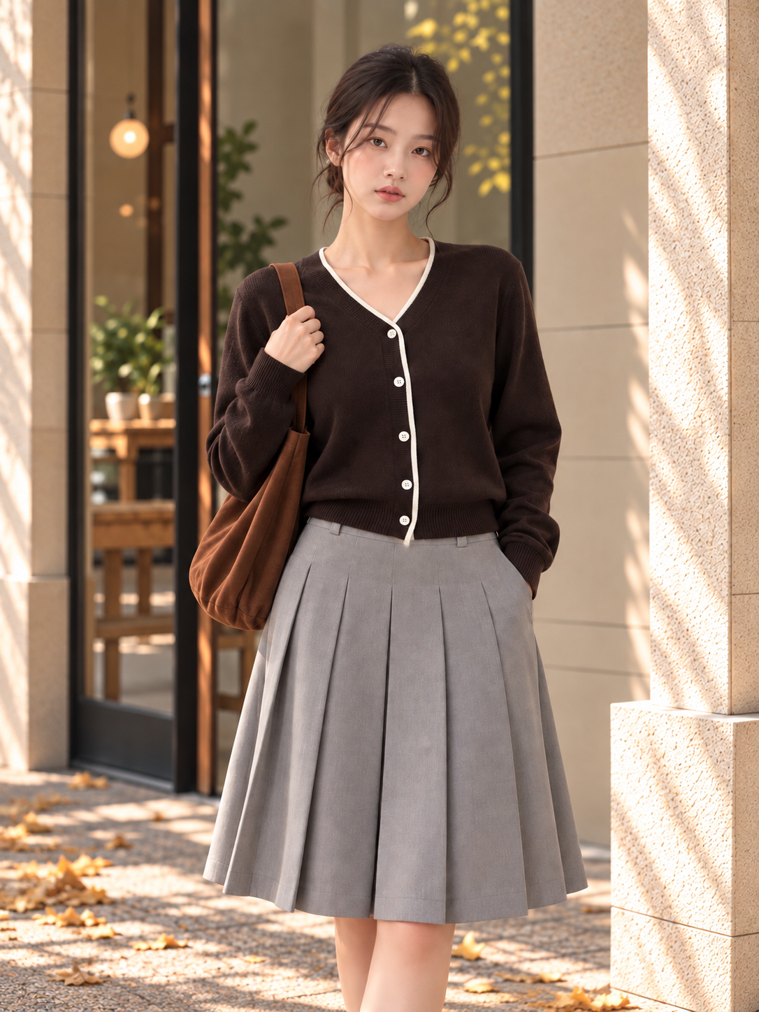 Brown contrast trim cardigan