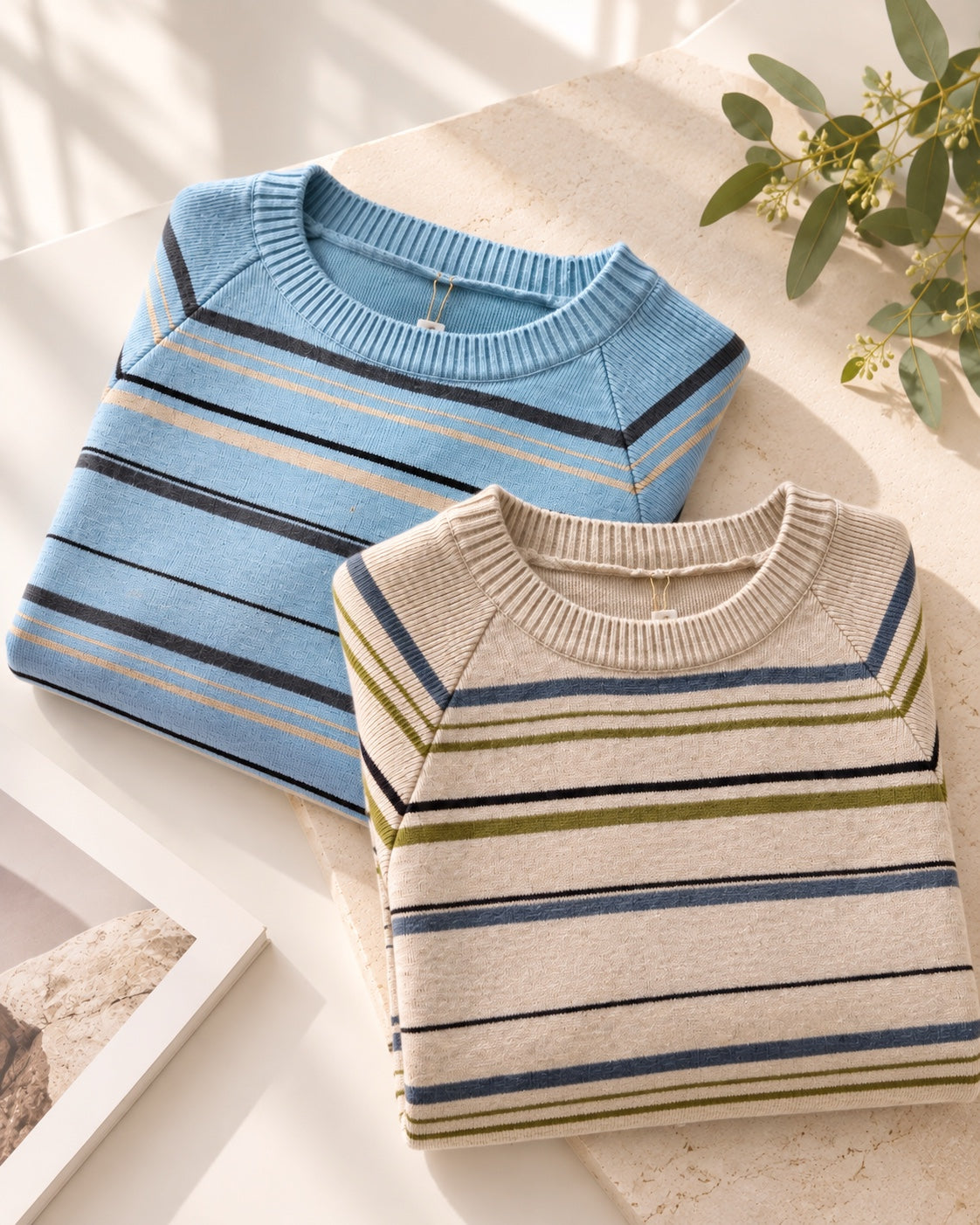 Striped short sleeve knit top in Blue and Beige