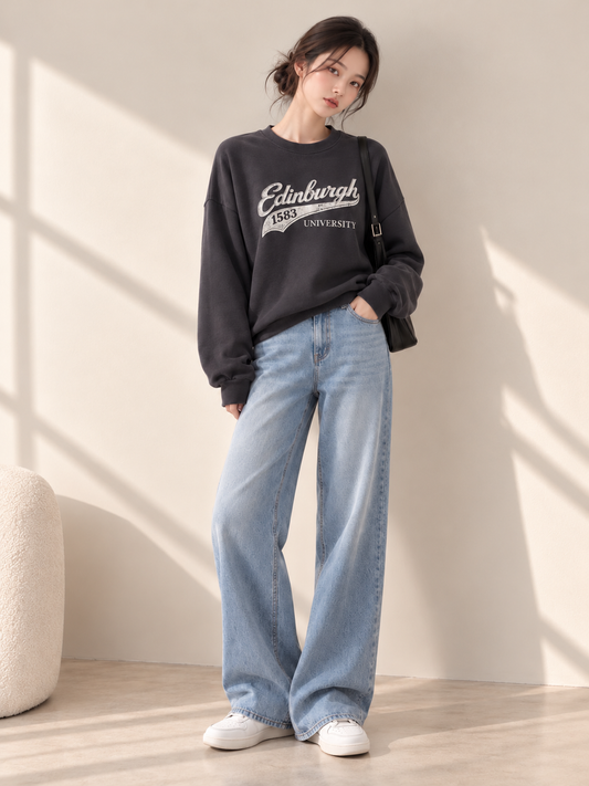 Charcoal Edinburgh sweatshirt styled with jeans