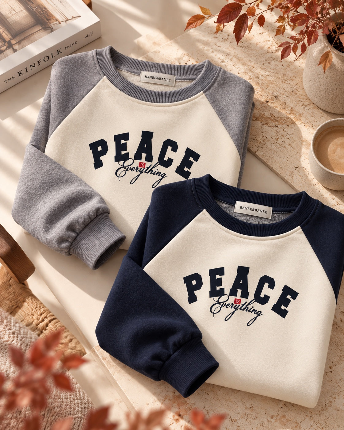 PEACE raglan sweatshirt in Navy and Grey