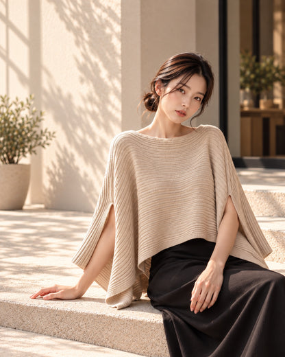 BeigeAlt ribbed knit poncho model view